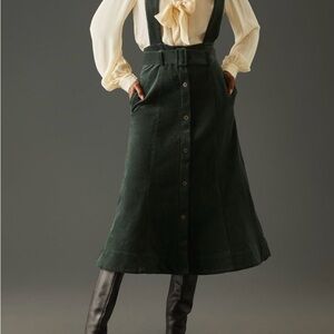 Anthropologie NWT Maeve Dark Green Midi Corduroy belted pinafore Skirt